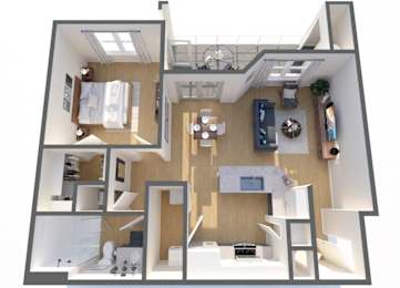 A 3D floor plan of a house with a kitchen, living room, and bedrooms.
