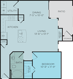 A3 floor plan, 1bed 1bad and 814 square feet. Hilltops in Conroe, TX