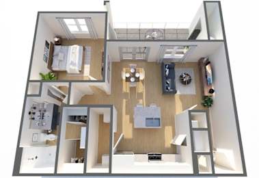 A 3D floor plan of a house with a kitchen, living room, and two bedrooms.