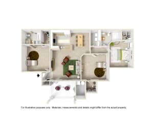 3x2 Balcony 3D floor plan 2 of Angle Landing Apartment in Pensacola, FL