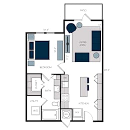 A floor plan of a house with a living area, bedroom, bathroom, kitchen, and utility space.