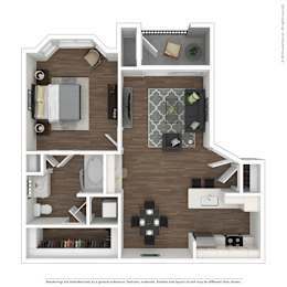 A1 3D floor plan furnished. 1 bed, 1 bath, Asheville at Spring Branch in Houston, TX