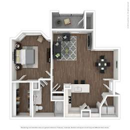 A2 3D floor plan furnished, 1 bed, 1 bath, A1 3D floor plan furnished. 1 bed, 1 bath, Asheville at Spring Branch in Houston, TX