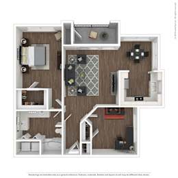 B1 3D floor plan furnished, 2 bed, 1 bath, A1 3D floor plan furnished. 1 bed, 1 bath, Asheville at Spring Branch in Houston, TX