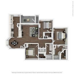 C1 3D floor plan furnished, 3 bed, 2 bath, A1 3D floor plan furnished. 1 bed, 1 bath, Asheville at Spring Branch in Houston, TX