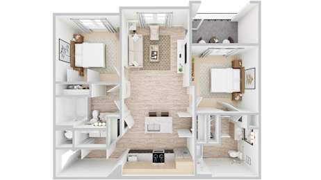 3d rendering of B1 floor plan, 2 bed, 2 bath, 1,058 sqft at Whispering Pines at Westdale Hills in Euless, TX