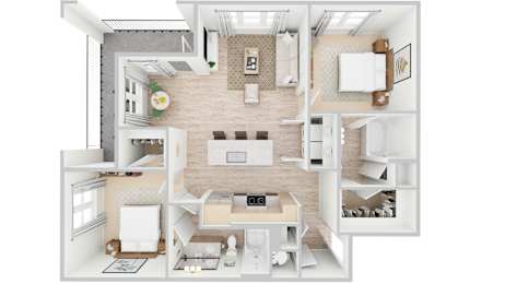 3D rendering of B2 floor plan, 2 bed, 2 bath, 1,102 sqft at Whispering Pines at Westdale Hills in Euless, TX