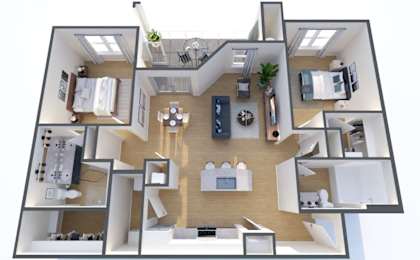 A 3D floor plan of a house with a kitchen, living room, and bedrooms.