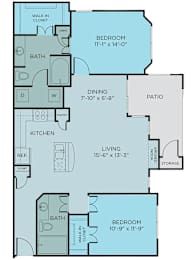 B3 floor plan, 2bed 2 bath and 1,113 square feet. Hilltops in Conroe, TX