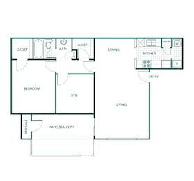 C floor plan 761sqft, 2 bed, 1 bath, at Bear Creek Crossing apartments in Houston, TX