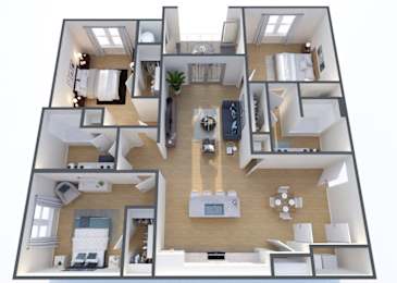 A 3D floor plan of a house with multiple rooms and furniture.