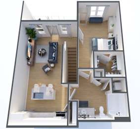 A 3D floor plan of a modern apartment with a living room, kitchen, and bedrooms.
