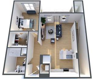 A 3D floor plan of a small apartment with a kitchen, living room, and bedroom.