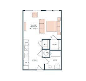 S1-1 floor plan, 556 sqft studio with 1 bath, at Era Apartments in Denton, TX