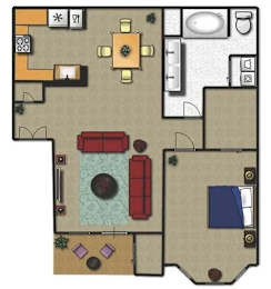 A floor plan of a house with a living room, kitchen, and bathroom.