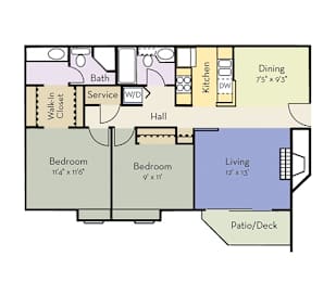 Magnolia floor plan with two bedrooms and 2 bathrooms, 920sqft, at Greensview apartments in Aurora CO