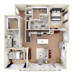 A 3D floor plan of a house showing a kitchen, living room, and bedrooms.