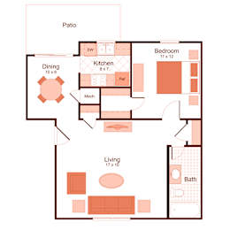 1 bedroom, 1 bathroom floor plan at Magnolia Apartments in Shreveport, Louisiana, LA