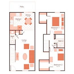 2 bedroom, 1.5 bathroom townhome floor plan at magnolia apartments in Shreveport, Louisiana, LA