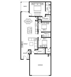 Oak - 3 Bedroom 2 Bath 1,412 Sq. Ft. Floor Plan at Beacon at Meridian, San Antonio, TX 78245