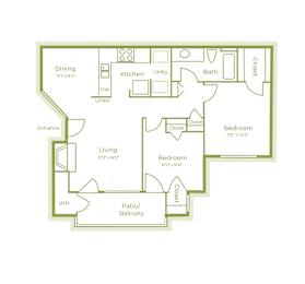 C floor plan, 873sqft, 2bed 1 bath, at On The Green apartments in Austin, TX