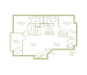E floor plan, 1082-1092sqft, 2 bed 2 bath, at On The Green apartments in Austin, TX