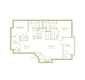 F floor plan 1105-1115sqft, 2 bed 2 bath, at On The Green apartments in Austin, TX