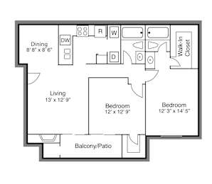 Floor plan D with two bedrooms and 1 bath at Wind River Crossing in Austin, TX