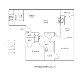 B1 floor plan, 2 bedroom and 1 bath, 890 square feet, at Preston Oaks apartments in Dallas, TX