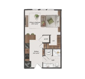 studio, 1 bathroom, 570 square feet S2A floorplan at St. Elmo Apartments in Austin, TX