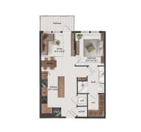 1 bedroom, 1 bathroom, 690 square feet A2A floorplan at St. Elmo Apartments in Austin, TX