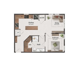 1 bedroom, 1 bathroom, 690 square feet A2C floorplan at St. Elmo Apartments in Austin, TX