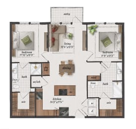2 Bedroom, 2 Bathroom, 1080 Square Feet - B3-LW Floorplan at St. Elmo Apartments in Austin, TX