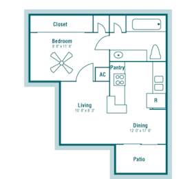 Floor Plan A 474 sq ft 1 bed 1 bath at The Hollows in San Antonio TX