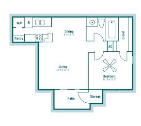 Floop Plan B 617 sq ft 1 bed 1 bath at The Hollows in San Antonio TX