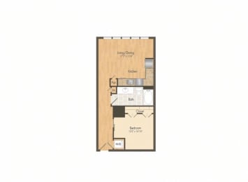 2d image of E1floor plan, studio apartment with one bathroom and 630sqft at Muse at Museum District in Houston, TX