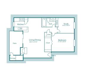 A4 floor plan, 786sqft, 1 bed, 1 bath, at Westdale Creek apartments in Austin, TX