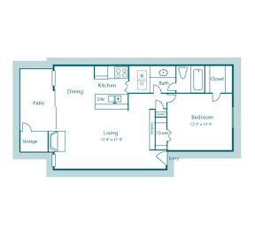 A5 floor plan 818sqft, 1 bed, 1 bath, at Westdale Creek apartments in Austin, TX