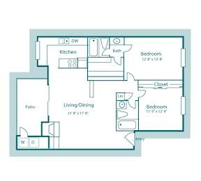 B1 floor plan, 1,088sqft, 2 bed, 2 bath, at Westdale Creek apartments in Austin, TX