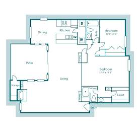 B2 floor plan, 1,421sqft, 2 bed, 2 bath, at Westdale Creek apartments in Austin, TX