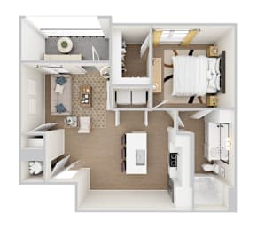 A 3D rendered apartment floor plan for Woodgate Place's A2