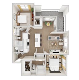 A 3D rendered apartment floor plan for Woodgate Place's B2