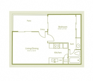 2D photo of A1 floor plan at 480sqft, 1 bed and 1 bath, at Westdale Parke Apartments in Austin, TX