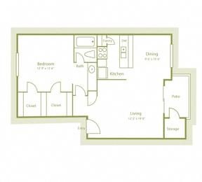 2D photo of A3 floor plan with 1 bed and 1 bath, 725 sqft, at Westdale Parke Apartments in Austin, TX