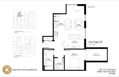 A floor plan for Unit Type 24 at Carmina-Wood Morris shows a layout with a living room, dining room, kitchen, and two bathrooms.