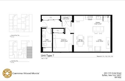 A floor plan for Unit Type 7 at Carmina Wood Morris, showing a living room, dining room, kitchen, and two bathrooms.