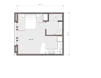 Floor Plan  A floor plan of a house with a kitchen, living room, and bathroom.