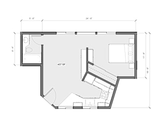Floor Plan  A floor plan of a room with dimensions and furniture layout.