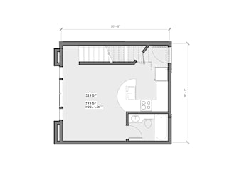 Floor Plan  A floor plan of a small apartment with a kitchen, living room, and bathroom.