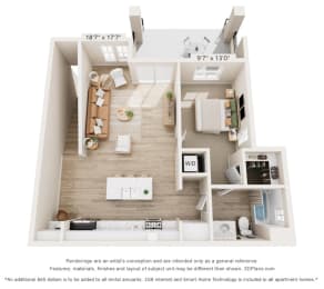 a 1 bedroom floor plan with a bathroom and a living room